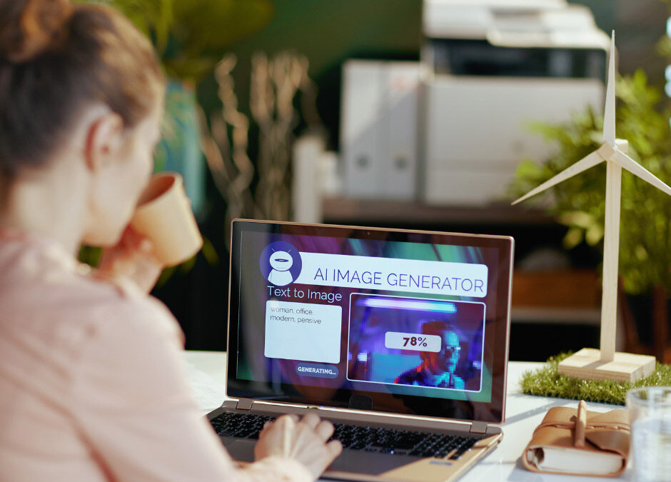 A woman sits at a desk drinking from a mug while using a laptop that displays an AI image generator software interface processing a prompt - www.hanckelcitizens.com