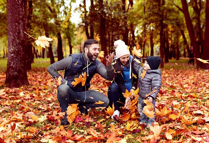 Family playing with autumn leaves in a colorful forest, with parents and a child enjoying a fall day outdoors. Family playing with autumn leaves in a colorful forest, with parents and a child enjoying a fall day outdoors.